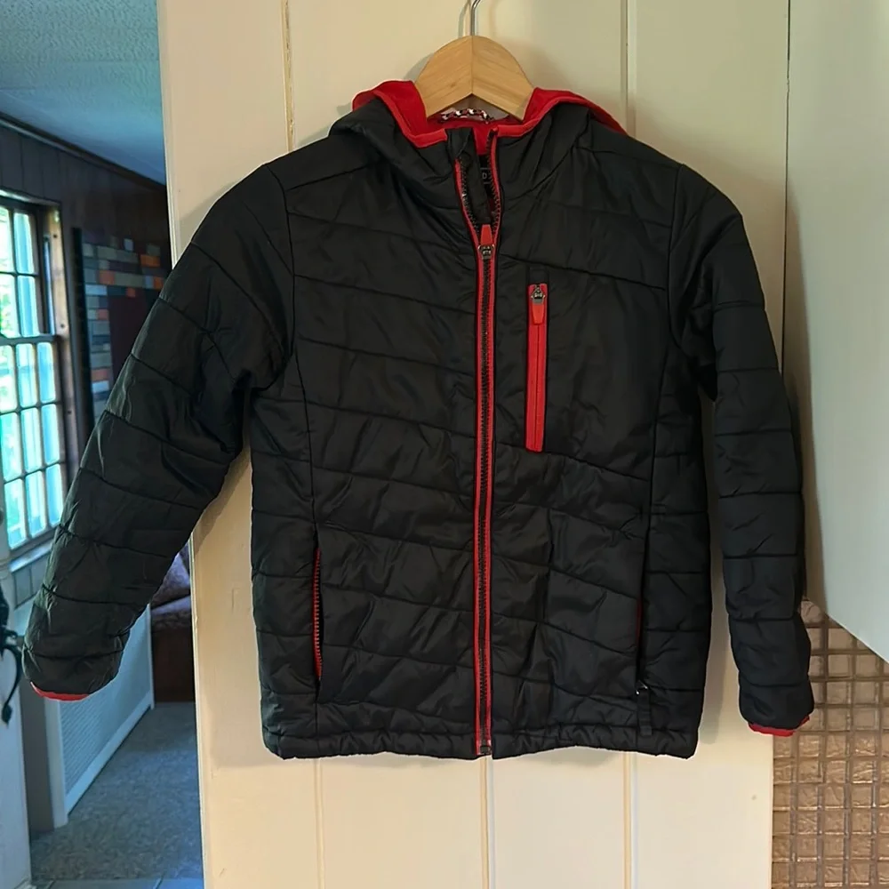Lands' End Kids Black Puffer Jacket with Red Trim